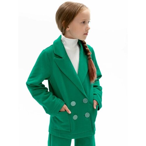 Школьный пиджак , карманы, двубортный, размер 152, зеленый