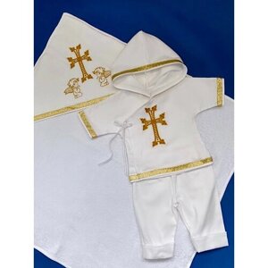 Теплое крестильное с армянским крестом (рубашка, крыжма и штаны) с вышивкой золото 6-9 мес.