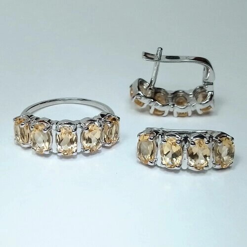 Ювелирный комплект: кольцо, серьги, серебро, 925 проба, цитрин, размер кольца 18