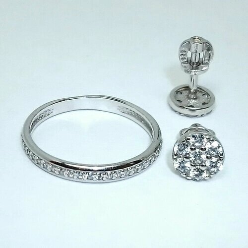 Ювелирный комплект: кольцо, серьги, серебро, 925 проба, родирование, фианит, размер кольца 18