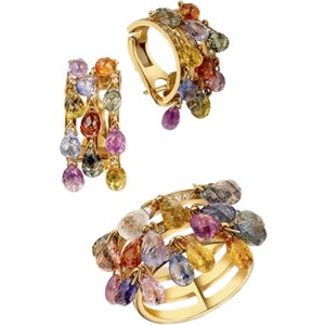 Ювелирный комплект: кольцо, серьги, желтое золото, 750 проба, бриллиант, сапфир, размер кольца 17