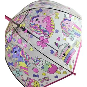 Зонт - трость прозрачный/ Детский зонтик от дождя GALAXY, полуавтомат, складной, арт. С-550, единорог) розовый