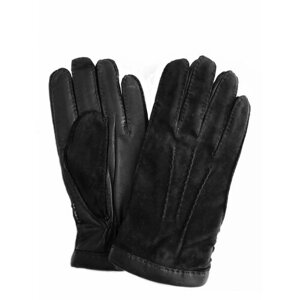 Демисезонные мужские кожаные-замшевые перчатки на шерстяной трикотажной подкладке Nice Ton, Цвет черный, Размер 9,5