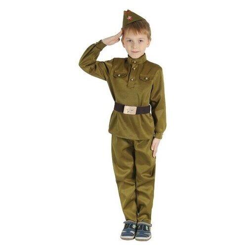 Детский карнавальный костюм "Военный", брюки, гимнастёрка, ремень, пилотка, р-р 34, рост 134 см