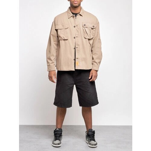 Джинсовая куртка демисезонная, силуэт прямой, несъемный капюшон, манжеты, ветрозащитная, карманы, капюшон, размер 52, бежевый