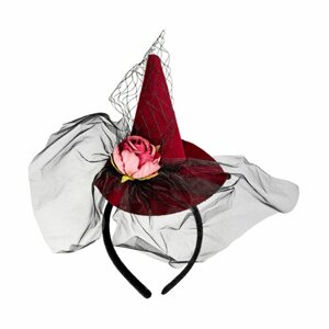 Карнавальный ободок на Новый год "Мини шляпа ведьмы" бордовый / Колпак-шляпка с вуалью и розой 1 шт.