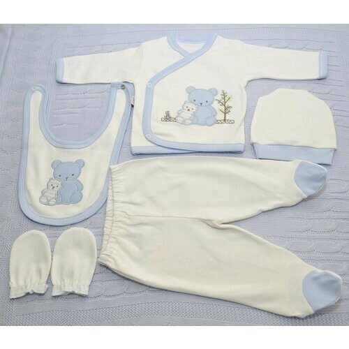 Комплект одежды для мальчиков, ползунки и рукавицы и распашонка и нагрудник и шапка, нарядный стиль, размер 46, голубой