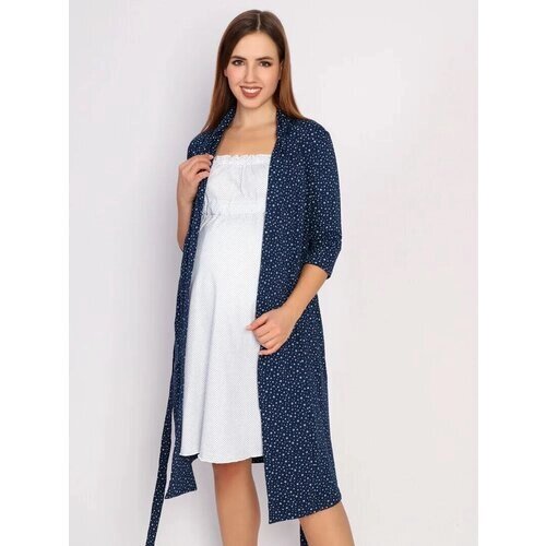 Комплект Style Margo, халат, сорочка, на завязках, укороченный рукав, пояс, размер 52, белый, синий