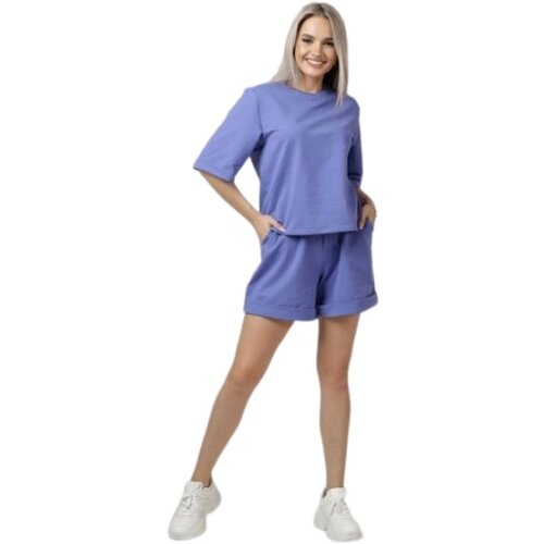 Костюм Elena Tex, футболка и шорты, повседневный стиль, оверсайз, карманы, трикотажный, пояс на резинке, размер 44, фиолетовый