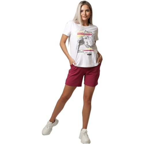 Костюм Elena Tex, футболка и шорты, повседневный стиль, свободный силуэт, карманы, пояс на резинке, размер 58, белый, бордовый