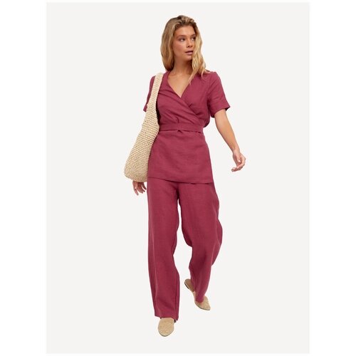Костюм Klim, блуза и брюки, повседневный стиль, полуприлегающий силуэт, пояс/ремень, карманы, размер 54, бордовый