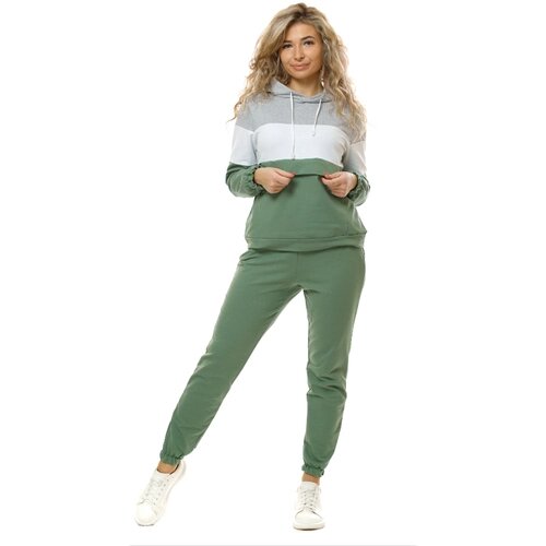 Костюм NSD-STYLE, толстовка и брюки, спортивный стиль, полуприлегающий силуэт, капюшон, карманы, размер 56, зеленый, серый