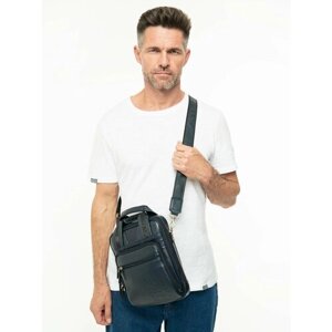 Кожаная сумка мужская на плечо через плечо кейс-планшет компактный чёрного матового цвета