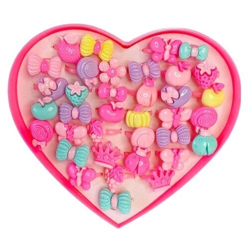 Набор колец, Комплект детских пластмассовых колец, колечки в сердечке, пироженные, мороженное, шоколадки, единороги 36шт