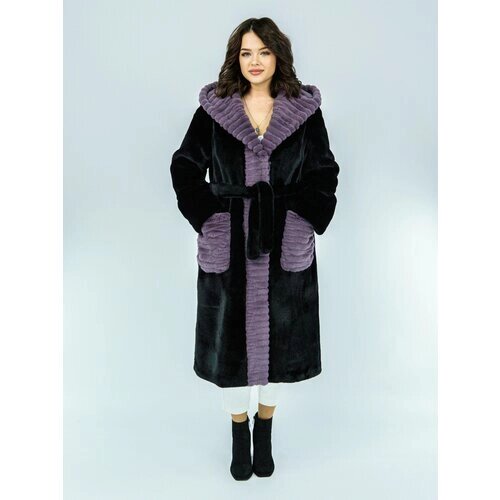 Пальто Prima Woman, искусственный мех, удлиненное, силуэт прямой, карманы, капюшон, пояс/ремень, размер L, черный