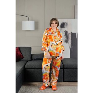 Пижама Pijama Story, брюки, рубашка, застежка пуговицы, укороченный рукав, пояс, пояс на резинке, карманы, размер 52, оранжевый