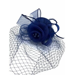Шляпка на зажиме карнавальная синяя с перьями и вуалью роза бусины