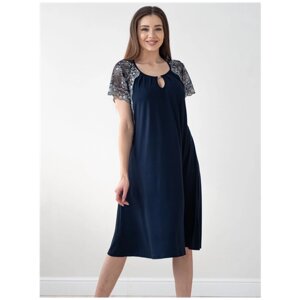 Женская ночная сорочка с рукавом и кружевом Федора, очень большого размера 66, темно-синий цвет. Текстильный край.