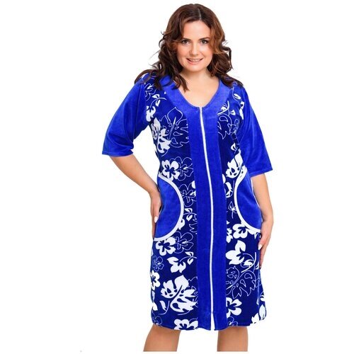 Женский домашний халат из велюра в синем цвете, размер 72