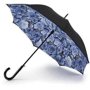 Зонт-трость FULTON, автомат, купол 98 см., 8 спиц, система «антиветер», для женщин, черный, синий