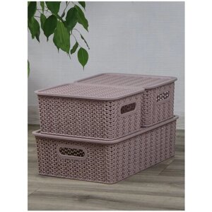 Набор из 3 корзин для хранения Вязь с крышкой 7,5л - 1 шт, 3л - 2 шт / контейнер / хозяйственная коробка, цвет розовый нюд