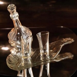 Подарочный набор - две стопки (шоты), круглый графин, блюдо (менажница) из прозрачной винной бутылки серии Хмельное стекло