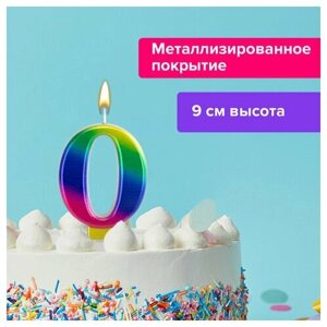 Свеча-цифра для торта "0"Радужная", 9 см, золотая сказка, с держателем, в блистере, 591433