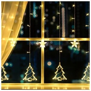 Светодиодная гирлянда-штора "Бахрома" с насадками "Ёлки", электрогирлянда на окно и фасад дома, интерьерное украшение, праздничное освещение на Новый год, теплое белое свечение, прозрачная нить, 138 LED фонариков, 8