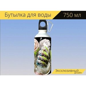 Бутылка фляга для воды "Зефир, сладость, сладкое" 750 мл. с карабином и принтом