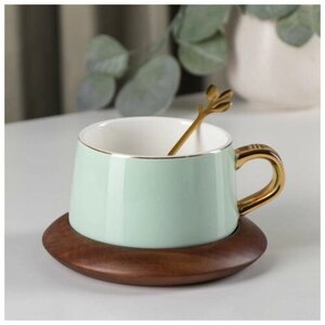 Чайная пара керамическая с ложкой "Улун", чашка 280 мл, блюдце d=13 см, цвет светло-зелёный