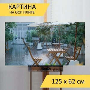 Картина на ОСП 125х62 см. Дождь, стул, вечер" горизонтальная, для интерьера, с креплениями