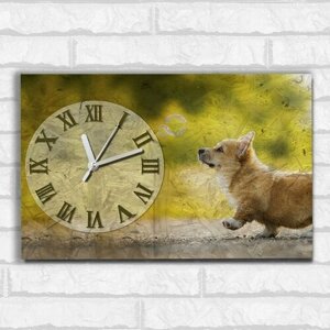 Настенные бесшумные часы ОСБ со смещенным циферблатом Животные Щенок ( Собака, цветы, Корги, милота, Подарок для мамы, бабушки сестры, подруге) - 2577