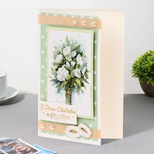 Стильная открытка Открытка "В День Свадьбы! ручная работа, белые розы, 11,5х17 см