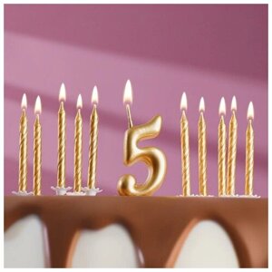 Страна Карнавалия Набор свечей для торта (2 в 1) золотая Цифра "5"Свечи "С Днём Рождения" золотые 10 шт, 7 см 71508