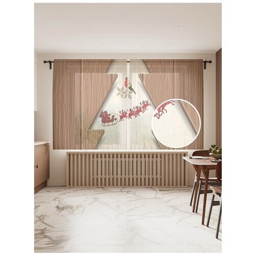 Тюль для кухни и спальни JoyArty "Еловое окно", 2 полотна со шторной лентой шириной по 145 см, высота 180 см.