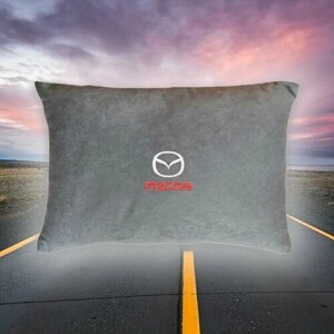 Автомобильная подушка из серого велюра и вышивкой (мазда) Mazda"