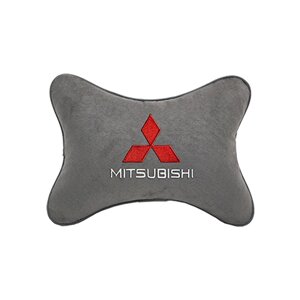 Автомобильная подушка на подголовник алькантара L. Grey с логотипом автомобиля MITSUBISHI