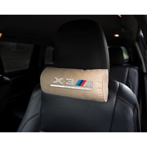 Автомобильная подушка-валик на подголовник алькантара Beige c вышивкой BMW X3M COMPETITION