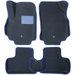 Автомобильные коврики ЕВА / EVA с бортами 3д / 3D для Volkswagen Polo 6 лифтбек 2020-н. в. Фольксваген Поло черный (сота)-синий / резин подпятник