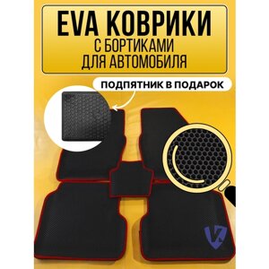 Коврики автомобильные Ева с бортиками в салон AUDI A6 C7 2011-2018, Ауди, черные соты, красная окантовка