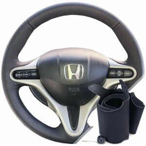 Оплетка на руль из натуральной кожи Honda Civic VIII (FD, FA) 2006-2011 г. в. (для замены штатной кожи, черная)0230