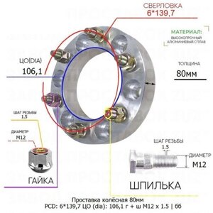 Проставка колёсная 1 шт 80мм 6*139,7 ЦО 106,1 Крепёж в комплекте Гайка + Шпилька М12*1,5 ступичная без бортика для дисков 1 шт на ступицу 6x139,7