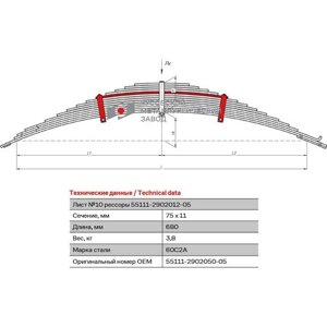 Лист №10 Рессора передняя для грузовиков производства ПАО КамАЗ 65115, 43118, 43114 14 листов