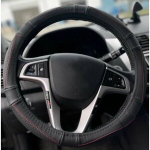 Оплетка на руль Митсубиси хпандер (2017 - 2024) внедорожник 5 дверей / Mitsubishi Xpander, натуральная кожа (высокого качества), Черный с красной строчкой