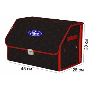 Органайзер-саквояж в багажник "Союз Премиум"размер L). Цвет: черный с красной прострочкой Соты и вышивкой Ford (Форд).