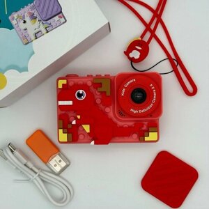 Фотоаппарат детский цифровой ударопрочный 48Мп камера 1080p Full-HD высокого качества со встроенной памятью, цифровая камера с 5-ю играми и селфи, Динозавр Красный, подарок для мальчика