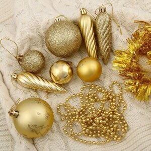 Набор украшений пластик 26 шт "Новогоднее веселье" с бусами и мишурой, золото