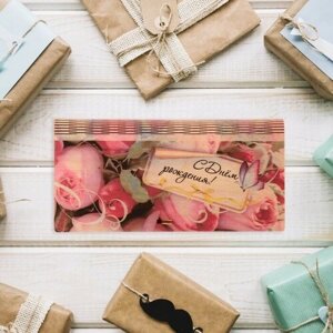Стильная открытка Конверт деревянный "С Днём Рождения! розы, бабочка