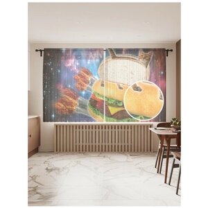 Тюль для кухни и спальни JoyArty "Котогамбургер", 2 полотна со шторной лентой шириной по 145 см, высота 180 см.