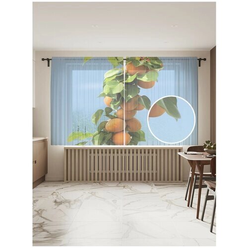 Тюль для кухни и спальни JoyArty "Ветка персика", 2 полотна со шторной лентой шириной по 145 см, высота 180 см.